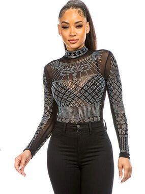 Aria Black Long-Sleeve Rhinestone Bodysuit Size M